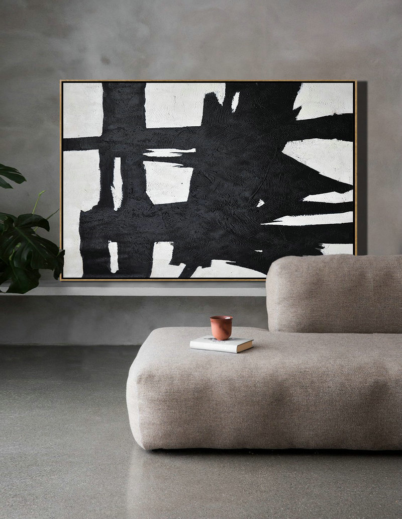 Canvas Artwork For Sale,Horizontal Minimal Painting On Canvas, Black, White And Grey Textured Art - Acrylic Minimailist Painting